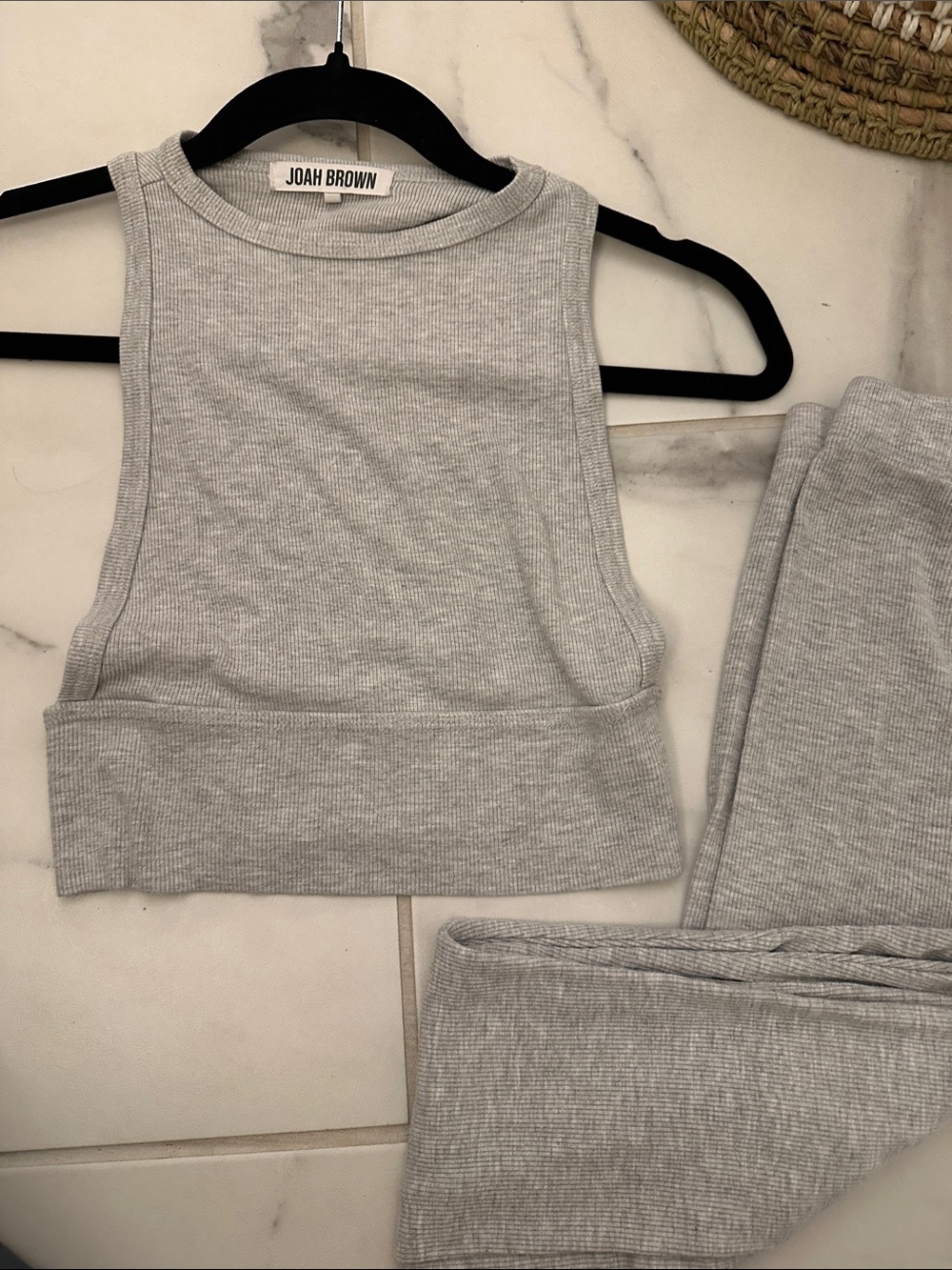Joah Brown Heather Light Gray Ribbed Crop Tank & Leggings Set